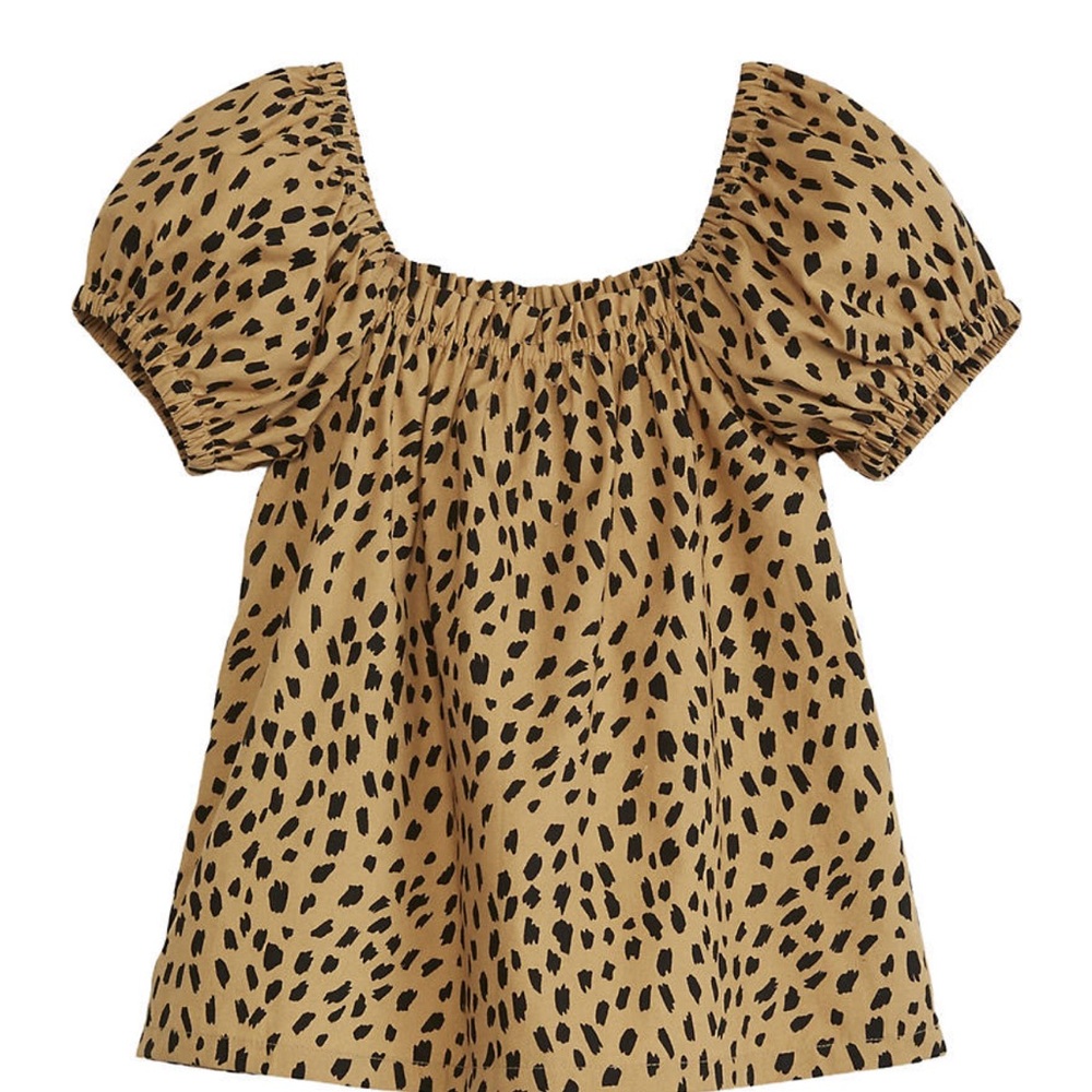 Crown & Ivy Girls Puff Sleeve Cheetah Top smocked over head round neck
